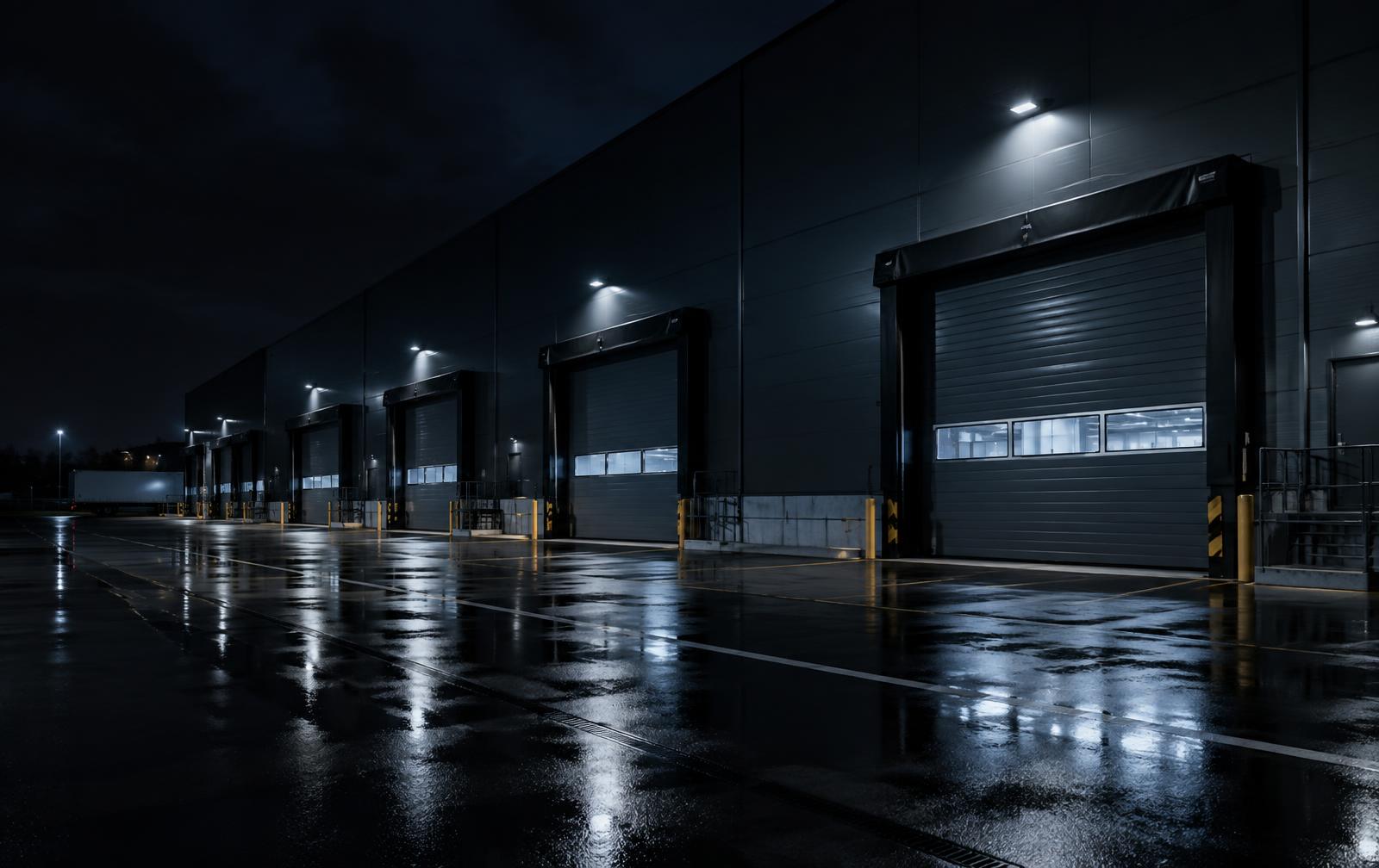 Illustrative Logistikhalle mit industriellen Toranlagen bei Nacht